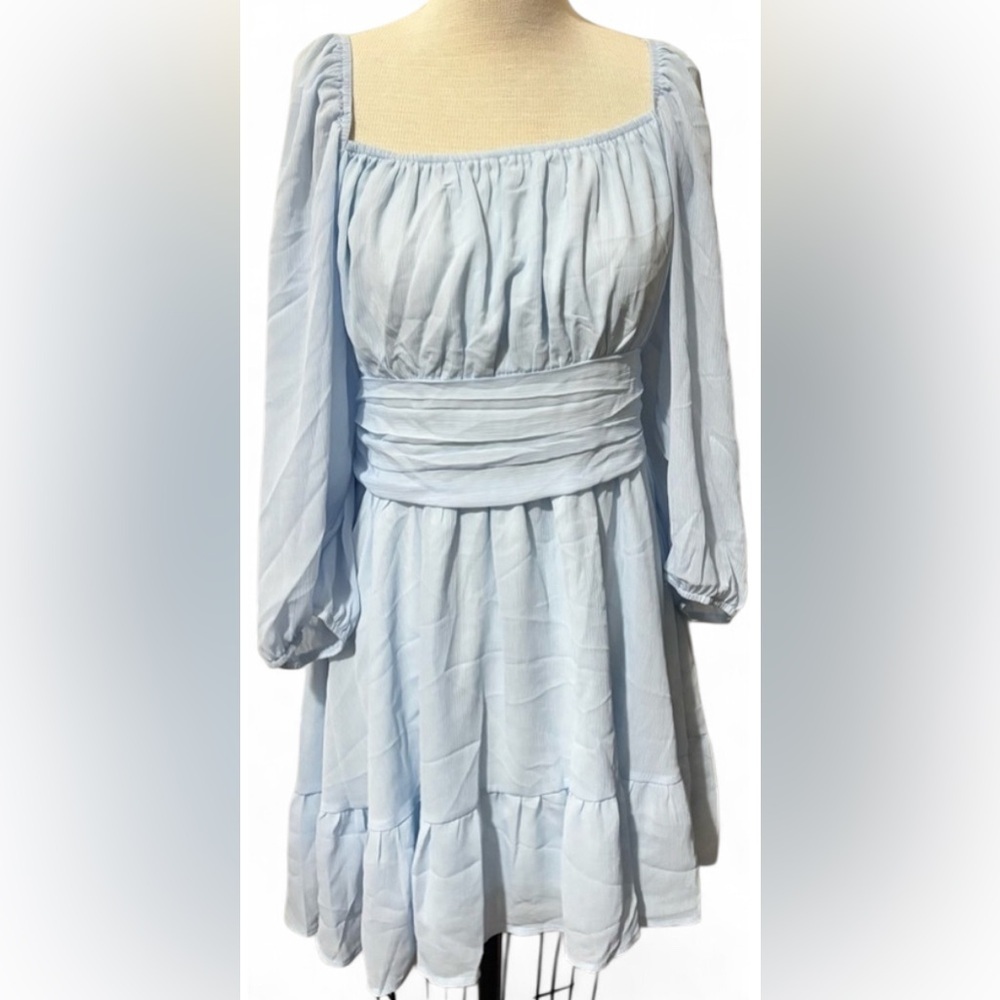 Exlura Dress Womens Midi Blue Chiffon Open Tie Back Ruffle Hem Women's Size XL
